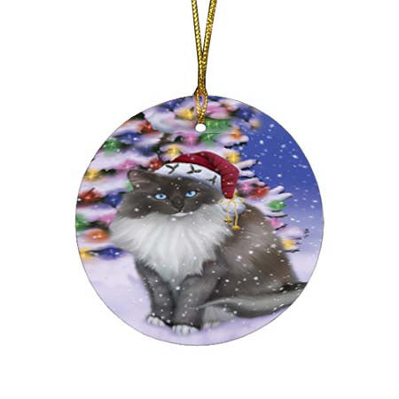Winterland Wonderland Ragdoll Cat In Christmas Holiday Scenic Background Round Flat Christmas Ornament RFPOR56074