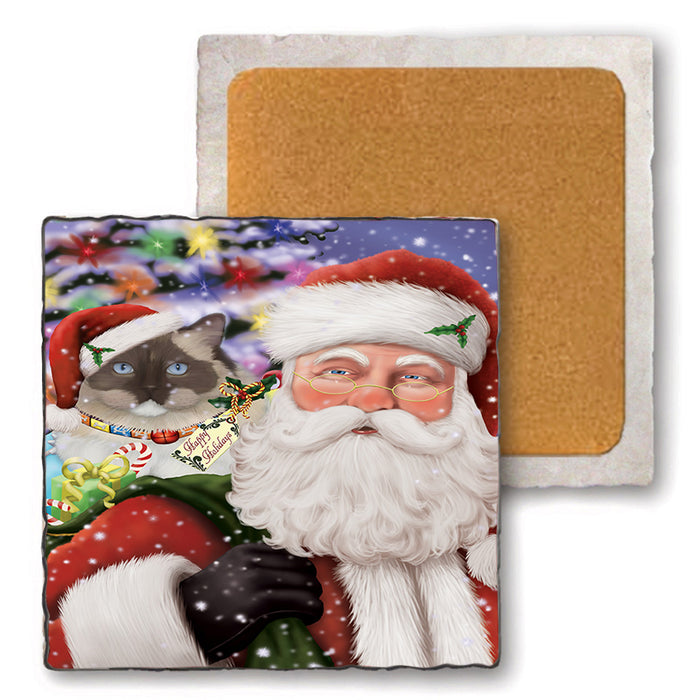 Santa Carrying Ragdoll Cat and Christmas Presents Set of 4 Natural Stone Marble Tile Coasters MCST50520