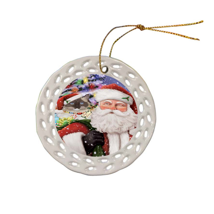 Santa Carrying Ragdoll Cat and Christmas Presents Ceramic Doily Ornament DPOR55876