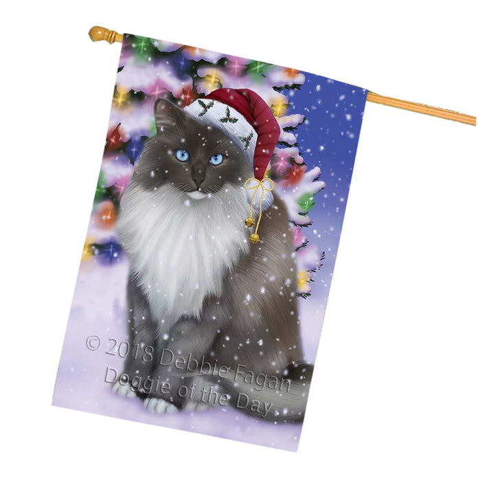 Winterland Wonderland Ragdoll Cat In Christmas Holiday Scenic Background House Flag FLG56147