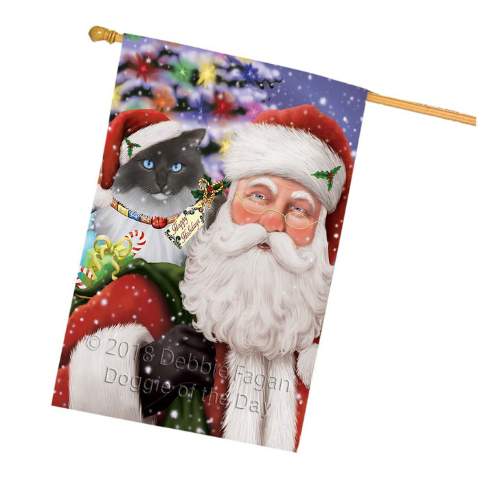 Santa Carrying Ragdoll Cat and Christmas Presents House Flag FLG55950