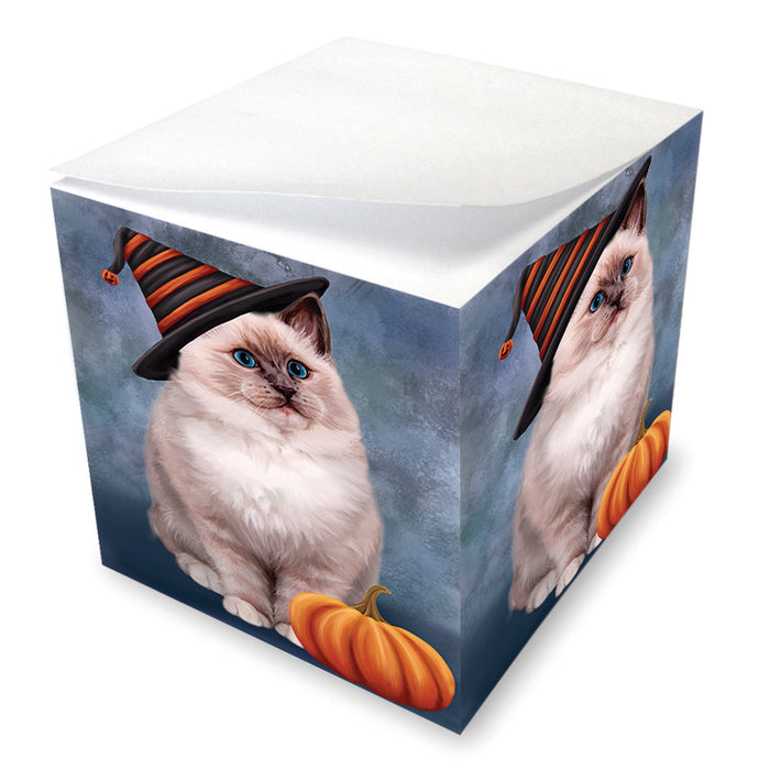 Happy Halloween Ragdoll Cat Wearing Witch Hat with Pumpkin Note Cube NOC56439