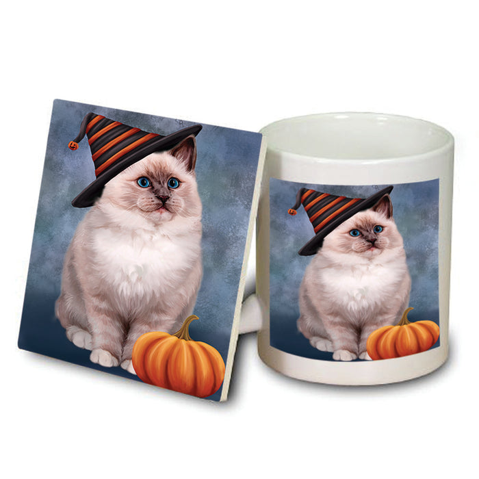 Happy Halloween Ragdoll Cat Wearing Witch Hat with Pumpkin Mug and Coaster Set MUC54785