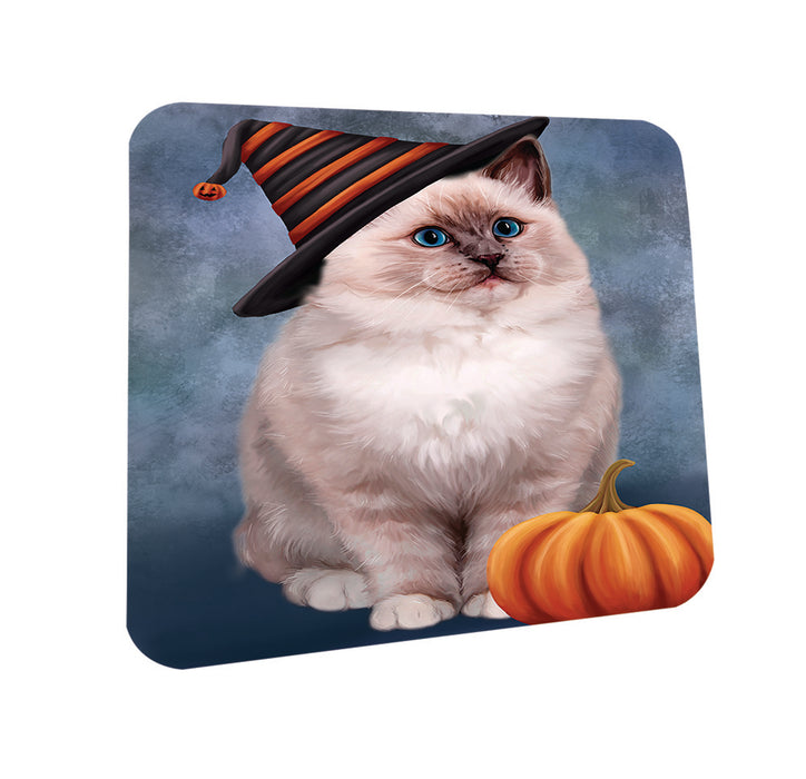 Happy Halloween Ragdoll Cat Wearing Witch Hat with Pumpkin Coasters Set of 4 CST54751