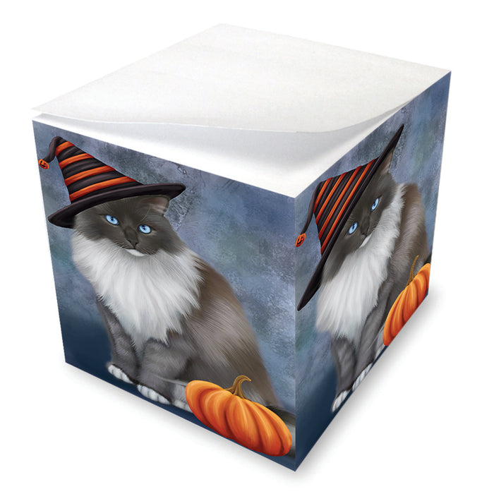 Happy Halloween Ragdoll Cat Wearing Witch Hat with Pumpkin Note Cube NOC56440