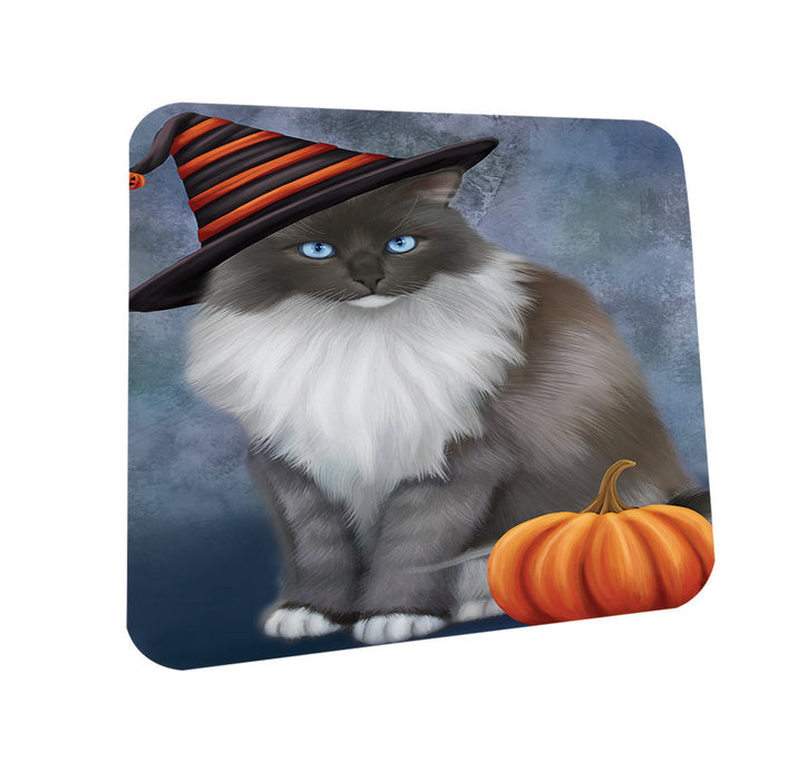Happy Halloween Ragdoll Cat Wearing Witch Hat with Pumpkin Coasters Set of 4 CST54752