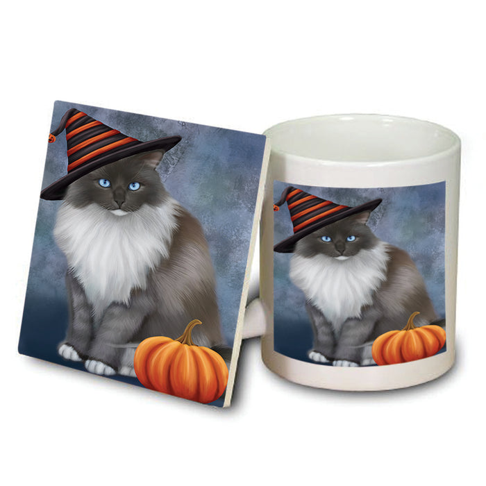 Happy Halloween Ragdoll Cat Wearing Witch Hat with Pumpkin Mug and Coaster Set MUC54786