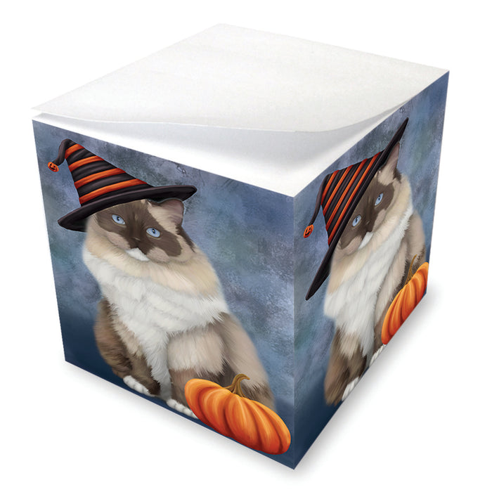 Happy Halloween Ragdoll Cat Wearing Witch Hat with Pumpkin Note Cube NOC56441