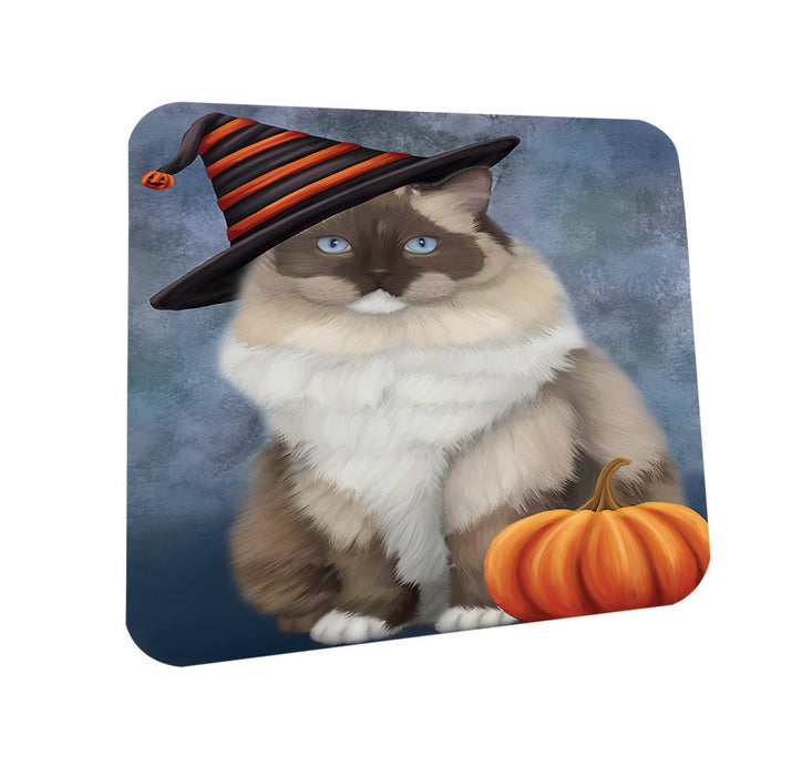 Happy Halloween Ragdoll Cat Wearing Witch Hat with Pumpkin Coasters Set of 4 CST54753
