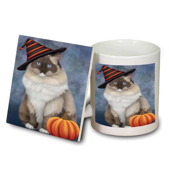 Happy Halloween Ragdoll Cat Wearing Witch Hat with Pumpkin Mug and Coaster Set MUC54787