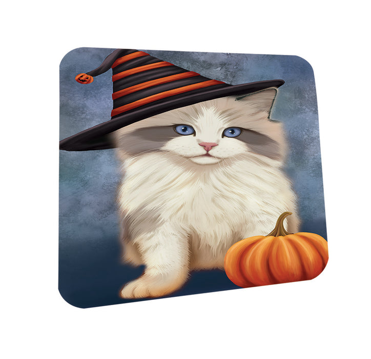 Happy Halloween Ragdoll Cat Wearing Witch Hat with Pumpkin Coasters Set of 4 CST54754