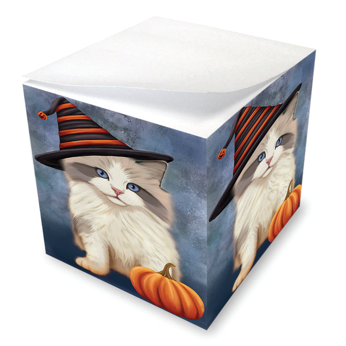 Happy Halloween Ragdoll Cat Wearing Witch Hat with Pumpkin Note Cube NOC56442