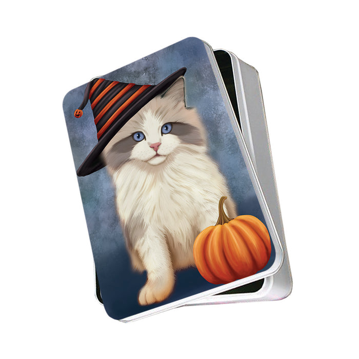 Happy Halloween Ragdoll Cat Wearing Witch Hat with Pumpkin Photo Storage Tin PITN54739