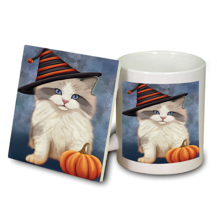 Happy Halloween Ragdoll Cat Wearing Witch Hat with Pumpkin Mug and Coaster Set MUC54788