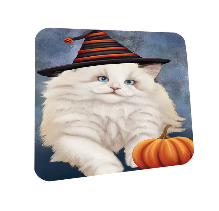 Happy Halloween Ragdoll Cat Wearing Witch Hat with Pumpkin Coasters Set of 4 CST54755