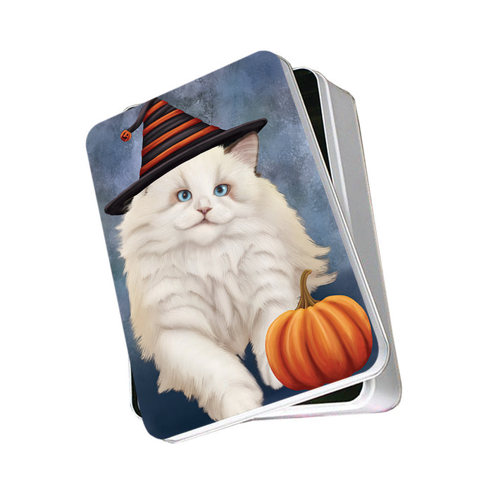 Happy Halloween Ragdoll Cat Wearing Witch Hat with Pumpkin Photo Storage Tin PITN54740