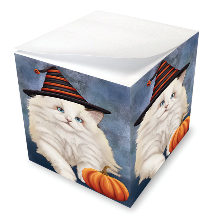Happy Halloween Ragdoll Cat Wearing Witch Hat with Pumpkin Note Cube NOC56443