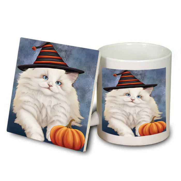 Happy Halloween Ragdoll Cat Wearing Witch Hat with Pumpkin Mug and Coaster Set MUC54789