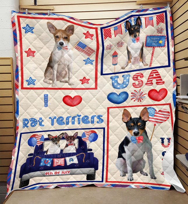 4th of July Independence Day I Love USA Rat Terrier Dogs Quilt Bed Coverlet Bedspread - Pets Comforter Unique One-side Animal Printing - Soft Lightweight Durable Washable Polyester Quilt