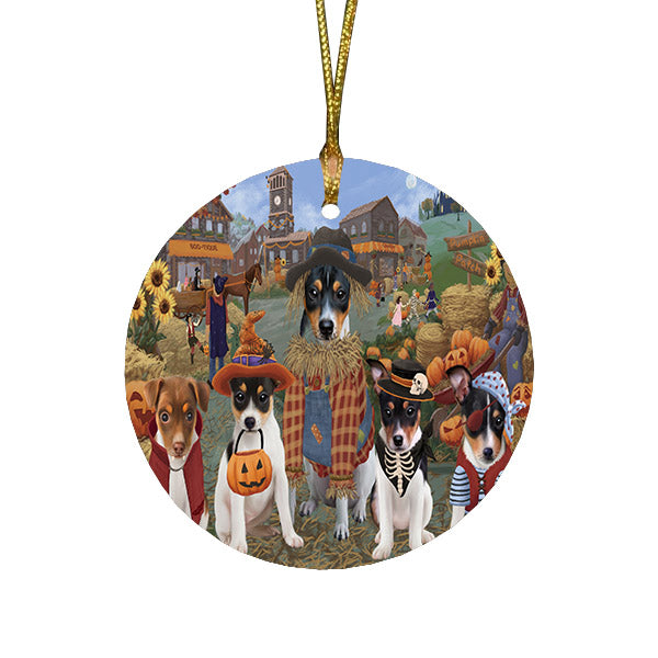 Halloween 'Round Town And Fall Pumpkin Scarecrow Both Rat Terrier Dogs Round Flat Christmas Ornament RFPOR57597