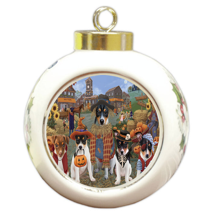Halloween 'Round Town And Fall Pumpkin Scarecrow Both Rat Terrier Dogs Round Ball Christmas Ornament RBPOR57597