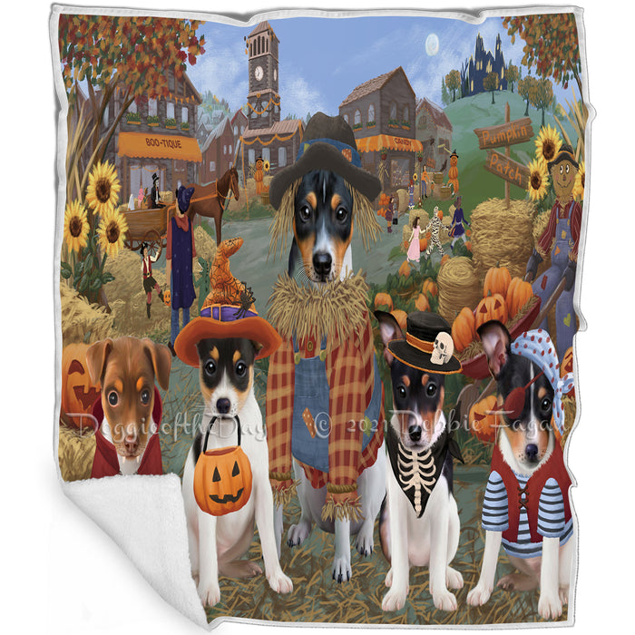Halloween 'Round Town And Fall Pumpkin Scarecrow Both Rat Terrier Dogs Blanket BLNKT143626