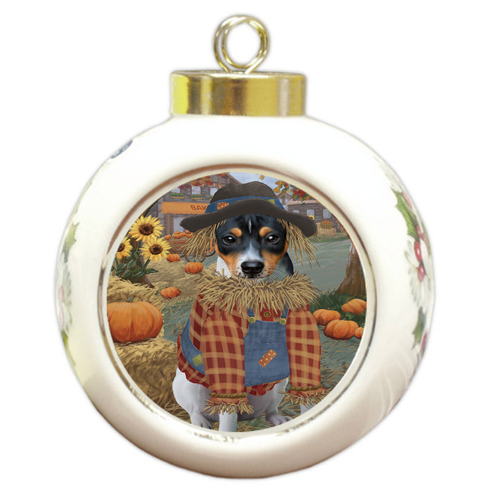Halloween 'Round Town And Fall Pumpkin Scarecrow Both Rat Terrier Dog Round Ball Christmas Ornament RBPOR57658