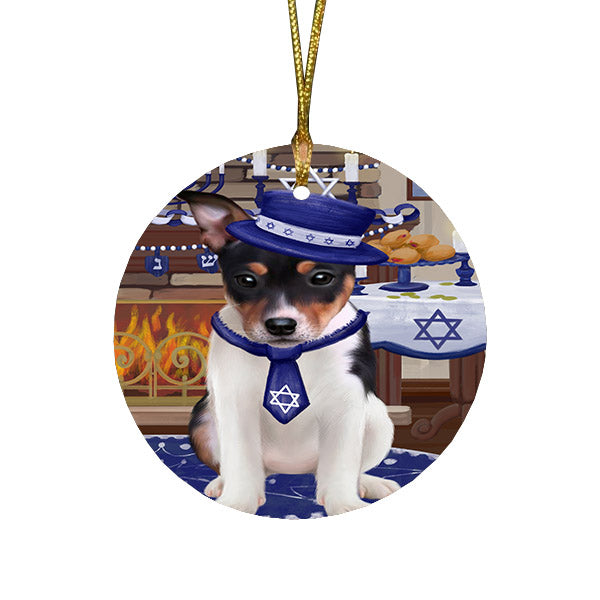 Happy Hanukkah Family and Happy Hanukkah Both Rat Terrier Dog Round Flat Christmas Ornament RFPOR57688