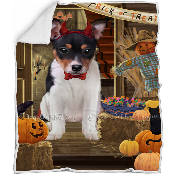 Enter at Own Risk Trick or Treat Halloween Rat Terrier Dog Blanket BLNKT96474