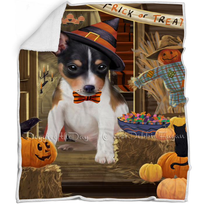 Enter at Own Risk Trick or Treat Halloween Rat Terrier Dog Blanket BLNKT96483