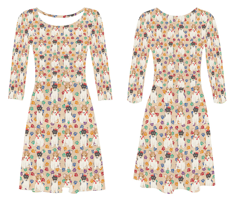 Rainbow Paw Print Rat Terrier Dogs Red 3/4 Sleeve Sundress