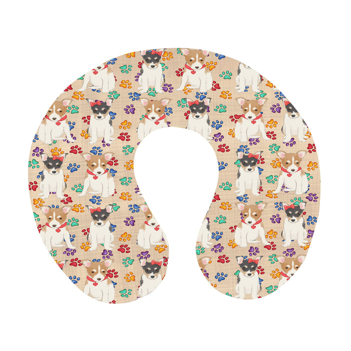 Rainbow Paw Print Rat Terrier Dogs Red U-Shape Travel Pillow