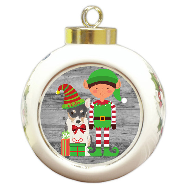 Custom Personalized Rat Terrier Dog Elfie and Presents Christmas Round Ball Ornament