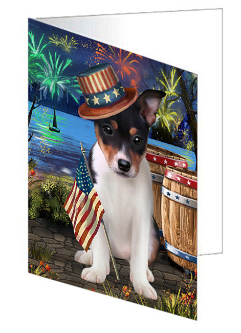 4th of July Independence Day Fireworks Rat Terrier Dog at the Lake Handmade Artwork Assorted Pets Greeting Cards and Note Cards with Envelopes for All Occasions and Holiday Seasons GCD56990