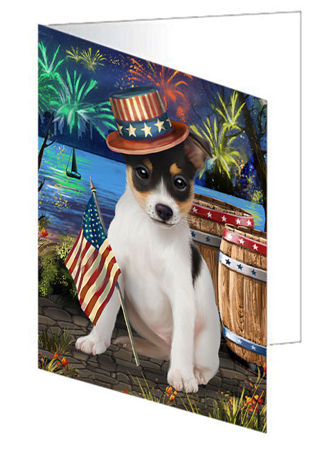 4th of July Independence Day Fireworks Rat Terrier Dog at the Lake Handmade Artwork Assorted Pets Greeting Cards and Note Cards with Envelopes for All Occasions and Holiday Seasons GCD56993