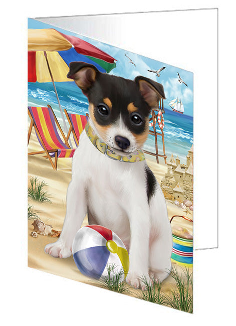 Pet Friendly Beach Rat Terrier Dog Handmade Artwork Assorted Pets Greeting Cards and Note Cards with Envelopes for All Occasions and Holiday Seasons GCD54260