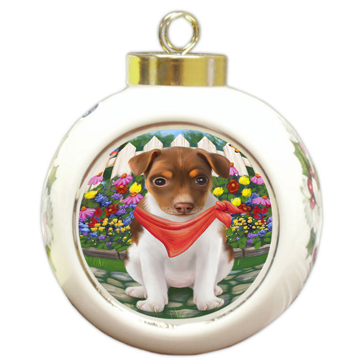 Spring Floral Rat Terrier Dog Round Ball Christmas Ornament RBPOR50214