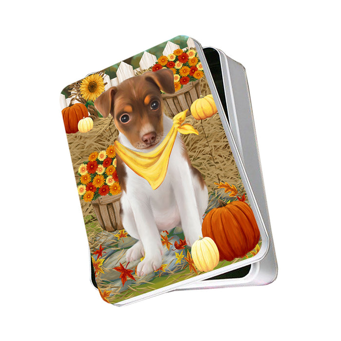 Fall Autumn Greeting Rat Terrier Dog with Pumpkins Photo Storage Tin PITN50841