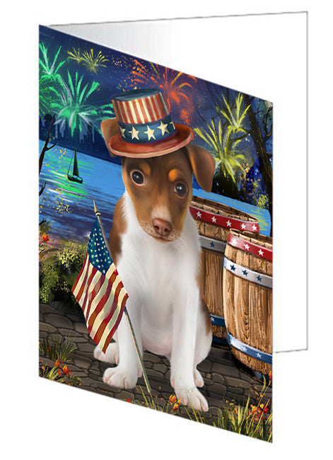 4th of July Independence Day Fireworks Rat Terrier Dog at the Lake Handmade Artwork Assorted Pets Greeting Cards and Note Cards with Envelopes for All Occasions and Holiday Seasons GCD56996