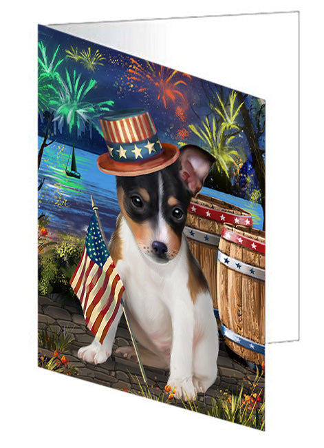 4th of July Independence Day Fireworks Rat Terrier Dog at the Lake Handmade Artwork Assorted Pets Greeting Cards and Note Cards with Envelopes for All Occasions and Holiday Seasons GCD56999