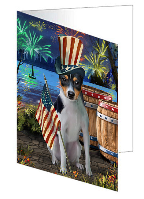 4th of July Independence Day Fireworks Rat Terrier Dog at the Lake Handmade Artwork Assorted Pets Greeting Cards and Note Cards with Envelopes for All Occasions and Holiday Seasons GCD57002