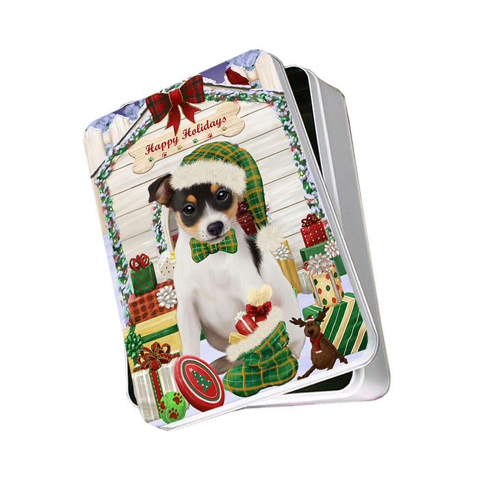 Happy Holidays Christmas Rat Terrier Dog House With Presents Photo Storage Tin PITN52180
