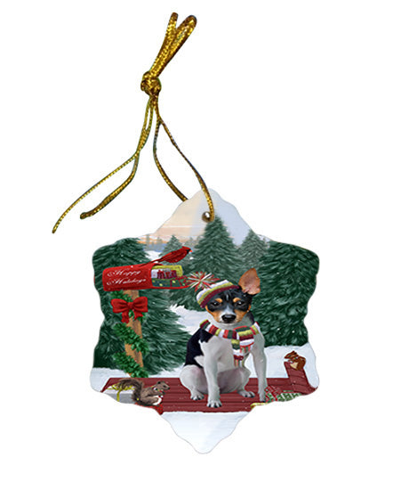 Merry Christmas Woodland Sled Rat Terrier Dog Star Porcelain Ornament SPOR55363