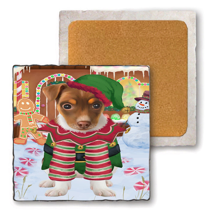 Christmas Gingerbread House Candyfest Rat Terrier Dog Set of 4 Natural Stone Marble Tile Coasters MCST51490