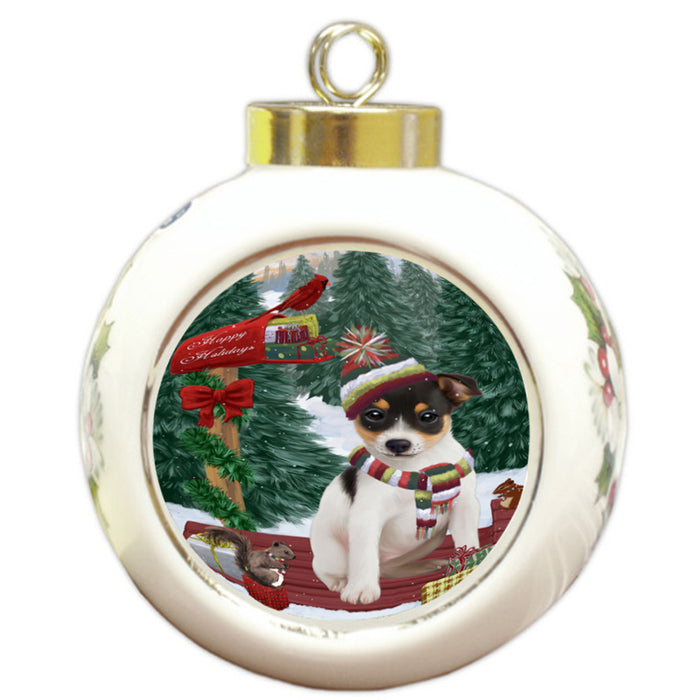 Merry Christmas Woodland Sled Rat Terrier Dog Round Ball Christmas Ornament RBPOR55364