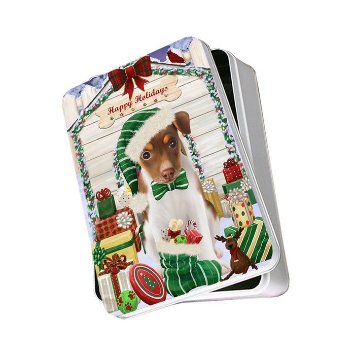 Happy Holidays Christmas Rat Terrier Dog House With Presents Photo Storage Tin PITN52181