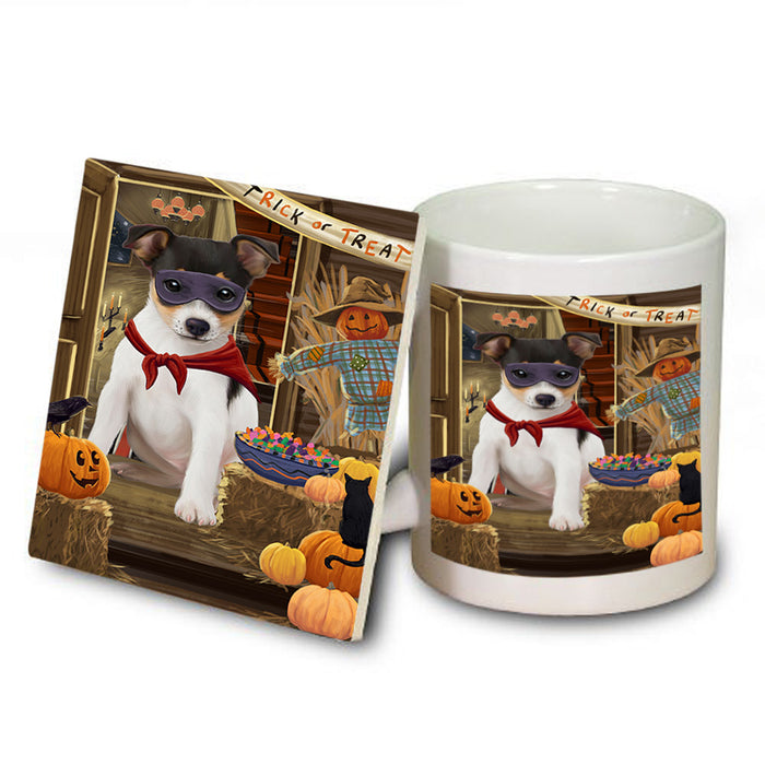 Enter at Own Risk Trick or Treat Halloween Rat Terrier Dog Mug and Coaster Set MUC53227