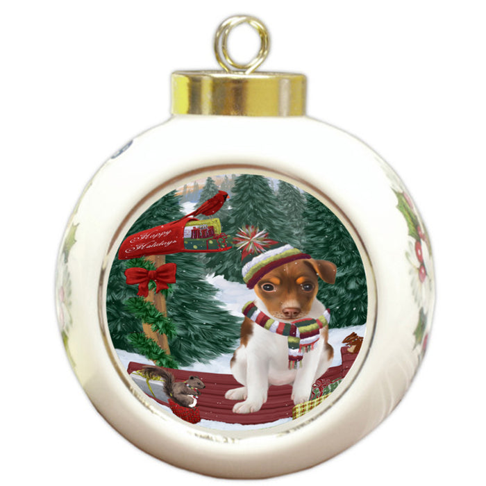 Merry Christmas Woodland Sled Rat Terrier Dog Round Ball Christmas Ornament RBPOR55365