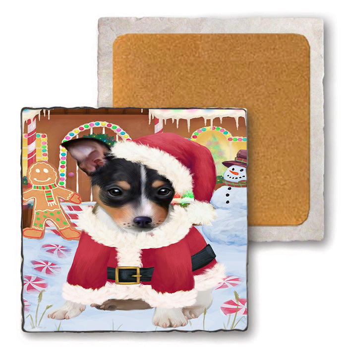 Christmas Gingerbread House Candyfest Rat Terrier Dog Set of 4 Natural Stone Marble Tile Coasters MCST51492
