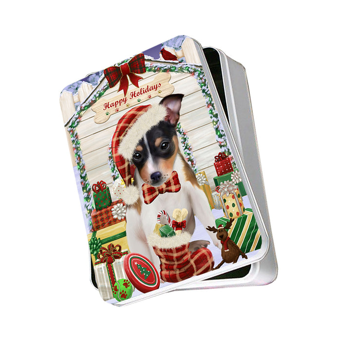 Happy Holidays Christmas Rat Terrier Dog House With Presents Photo Storage Tin PITN52182